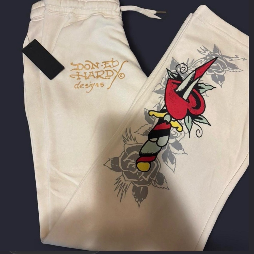 Ed Hardy Cream Sweatpant Joggers with Red Dagger Graphic